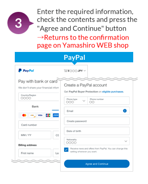 3.Enter the required information, check the contents and press the Agree and continue button Returns to the confirmation page on Yamashiro WEB shop